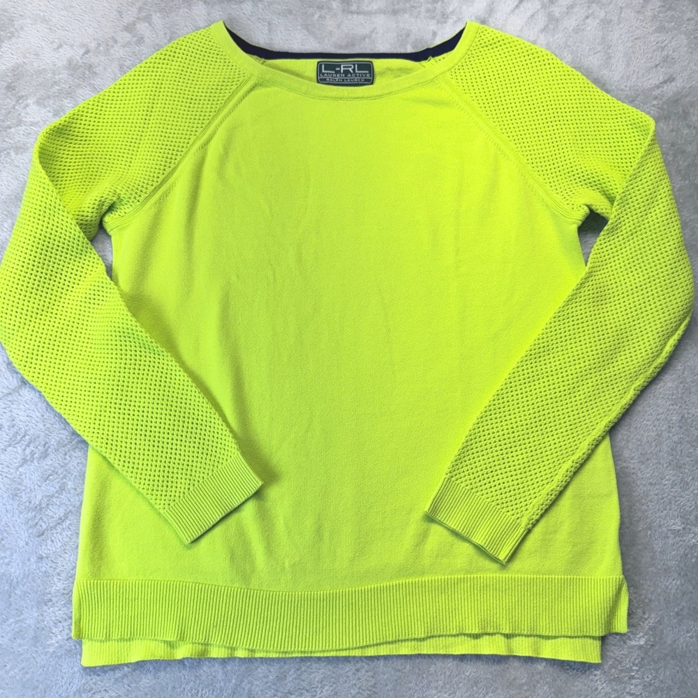 LRL Ralph Lauren Neon 100%‎ Cotton Mesh Sleeve Knit Sweater Pullover Women LRG.